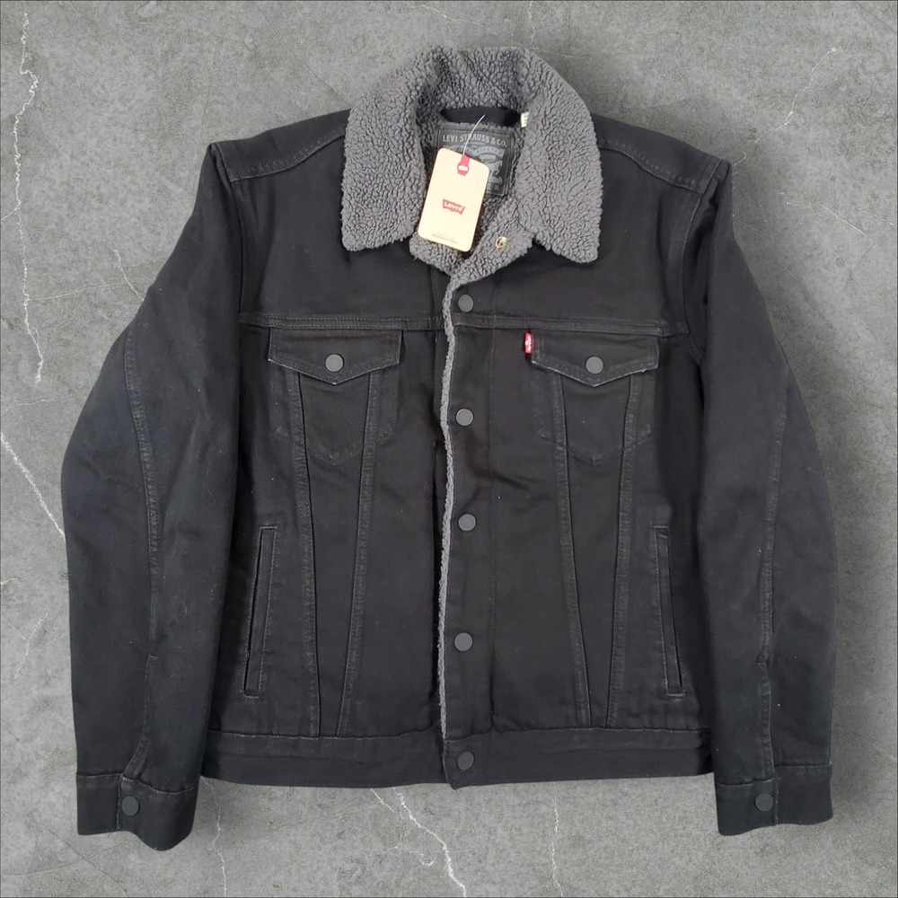 Levi's Sherpa Lined Trucker Jacket Mens Medium Black Denim Faux Shearling NWT